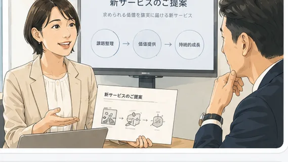 会議室で、資料を手に上司へ新サービスの企画を説明している様子