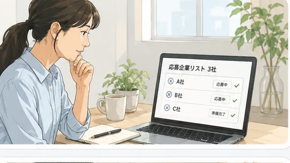 ノートパソコンに応募企業のリストを表示し、応募状況を確認している様子
