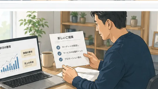 売上のグラフを見ながら、新しい提案の資料をまとめている様子