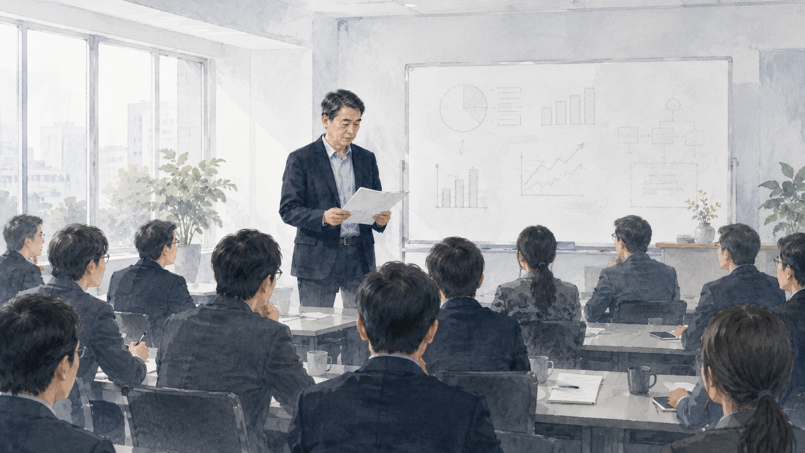 研修室で受講者に向かい、資料を手に話している男性のイラスト