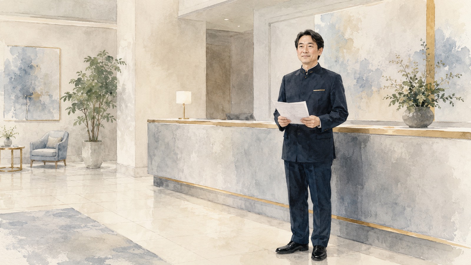ホテルのフロントで、書類を手に立っている男性のイラスト