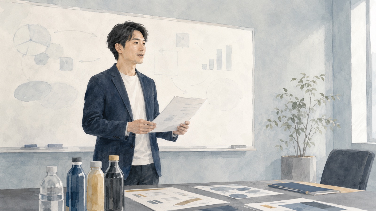 会議室でホワイトボードの前に立ち、企画書を手に話している男性のイラスト