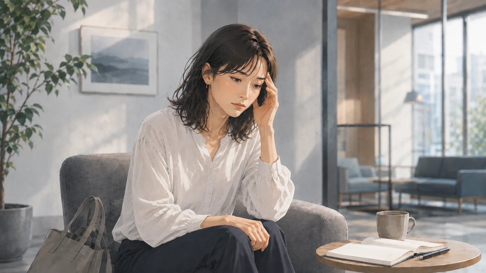 明るい部屋のソファでひとり座り、こめかみに手を当てて考え込んでいる女性。
