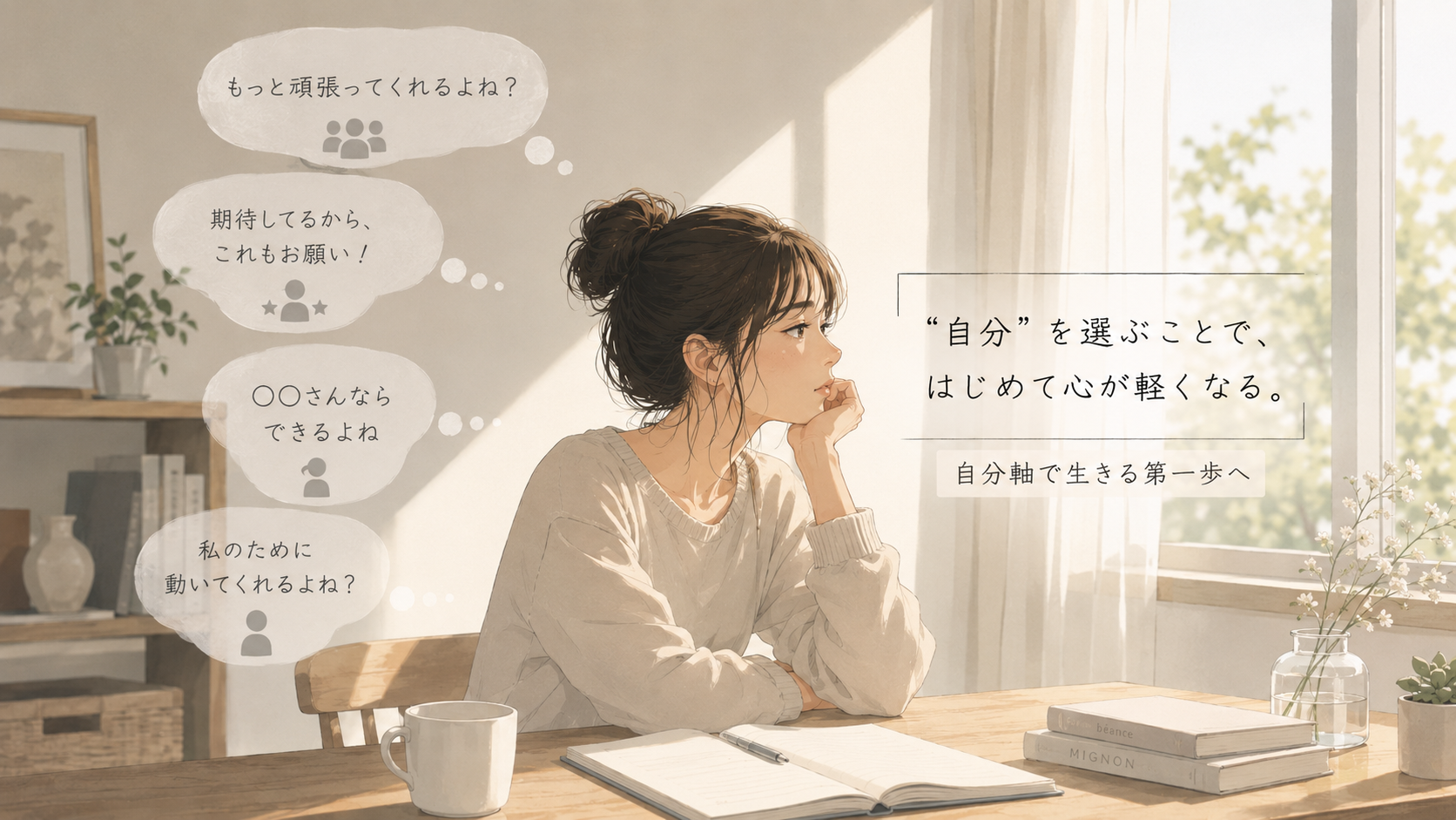 人からの期待に囲まれながら、自分の選択について考える女性