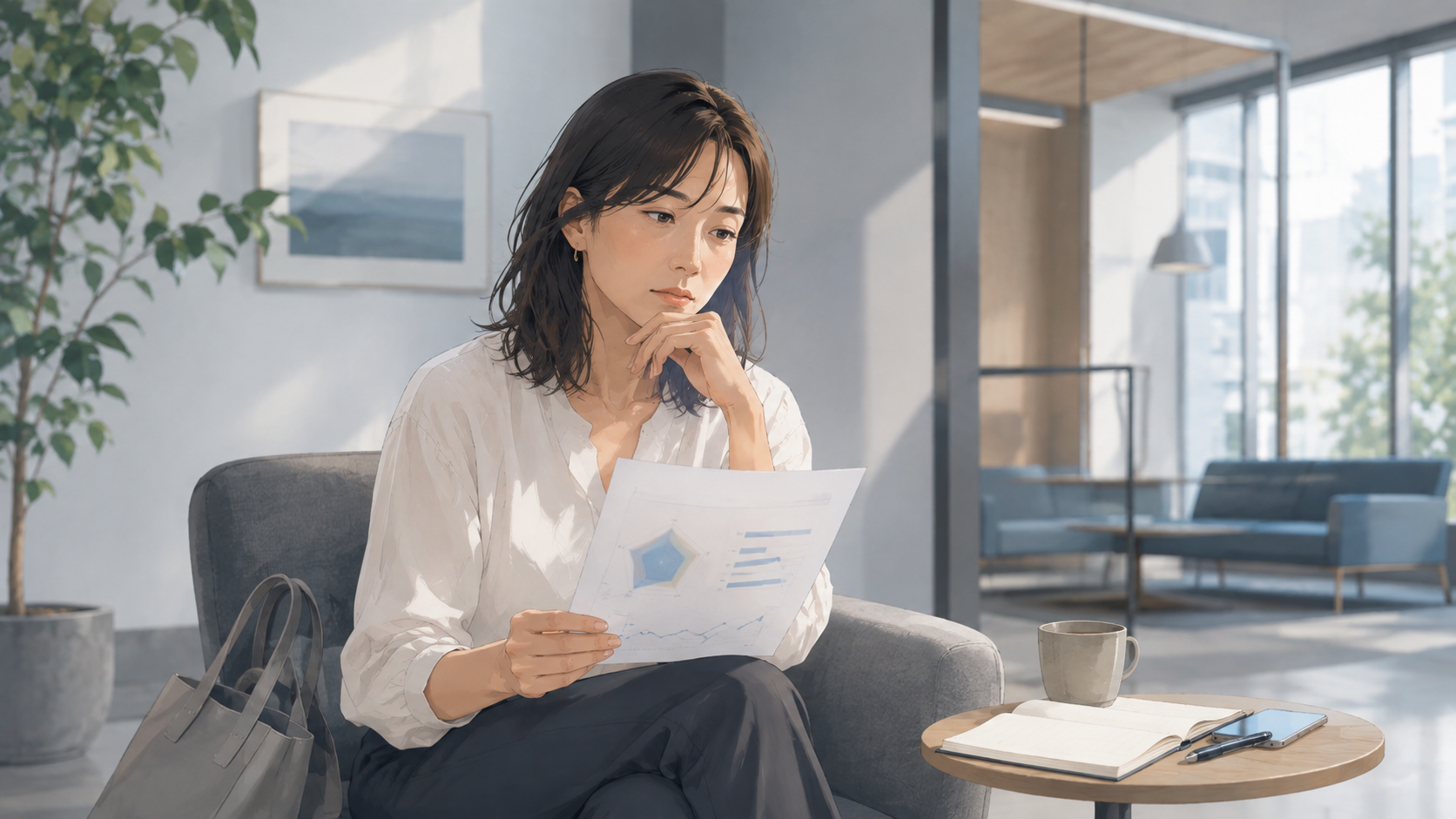診断結果の資料を手に、考え込む女性