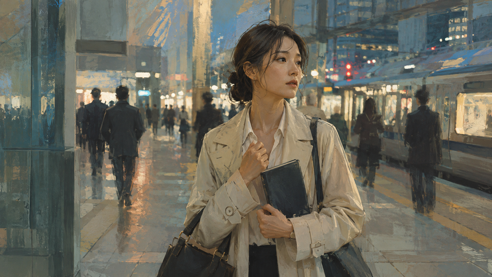 駅のホームで、これからの仕事について考える女性