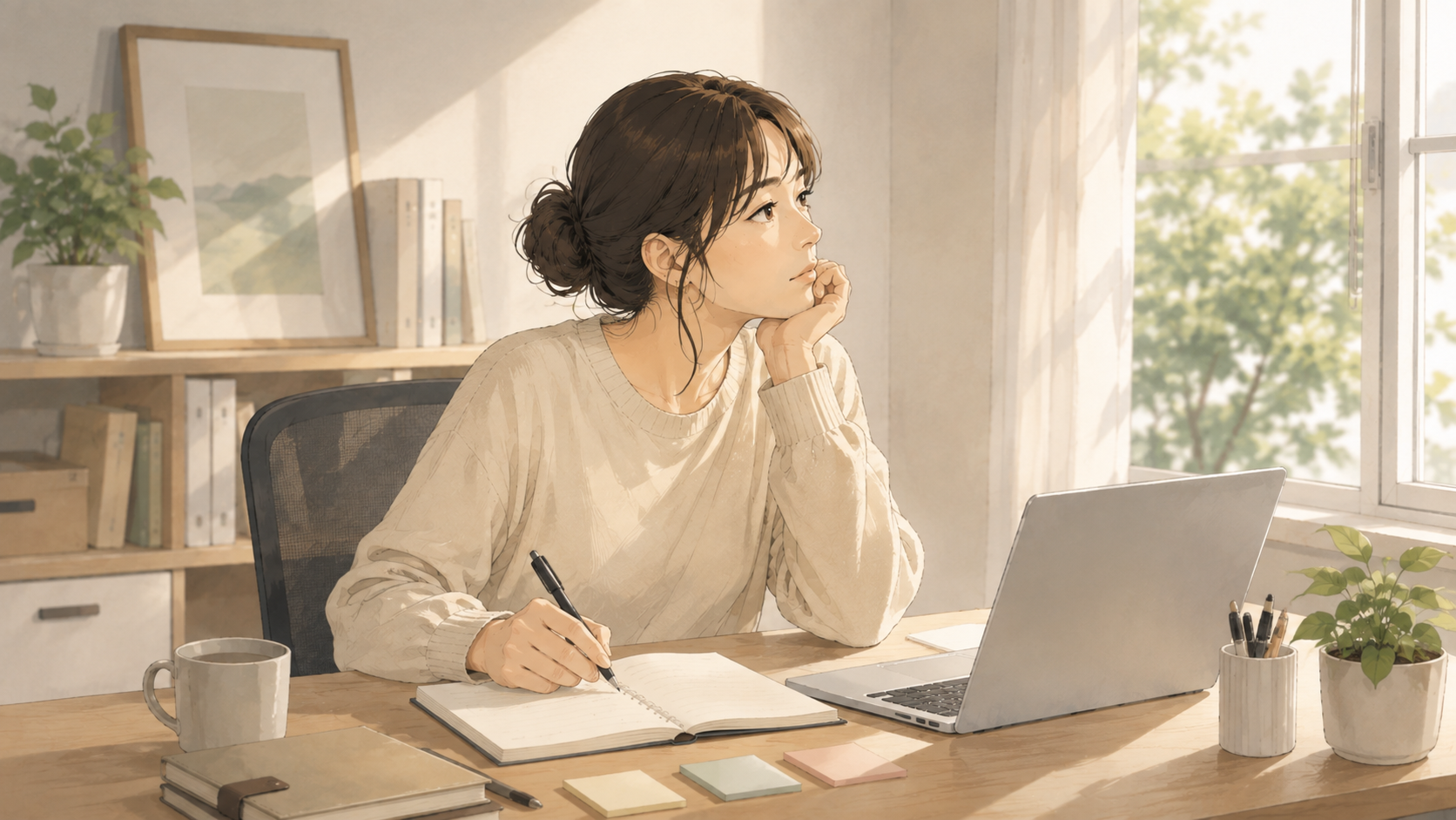 窓辺の机でノートに書きながら考え込む女性
